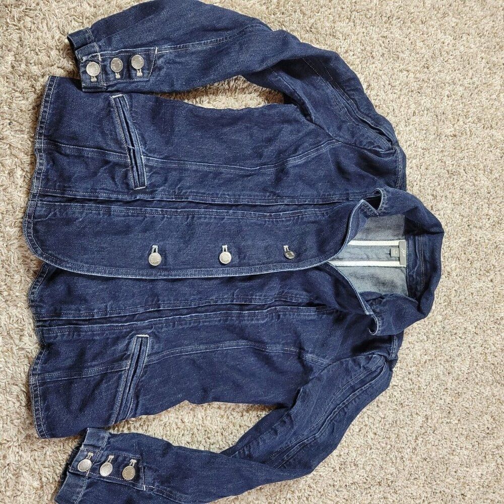J Jill Denim Jacket Womens 8 Blue Button Up Utility Pockets Distressed Dark Wash - Picture 8 of 8